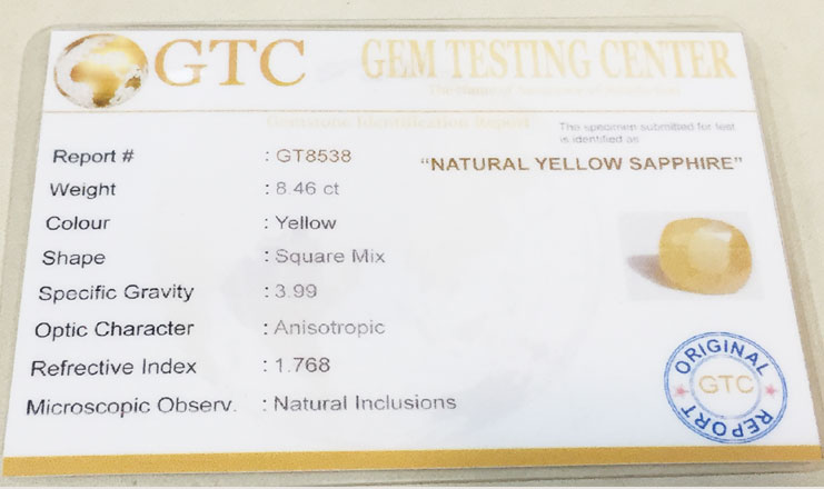 8.46 ct/9.40 ratti Natural Certified Ceylon Pukhraj/Yellow Sapphire